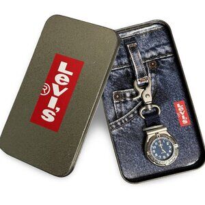 VTG Levi's Pocket Watch Clip Stainless Steel Navy Blue Quartz Tin Gift Box Japan